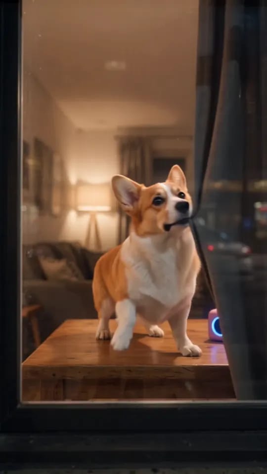 El corgi girándose y tirando del borde de la cortina con la boca