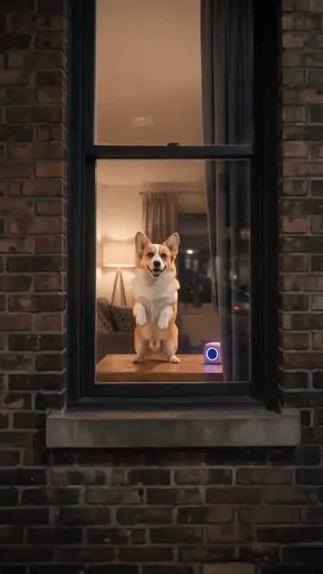 Un corgi bailando sobre las patas traseras en una ventana cálida junto a un altavoz rosa