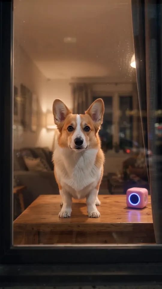 El corgi de nuevo a cuatro patas, con la cabeza ladeada, mirando a la cámara