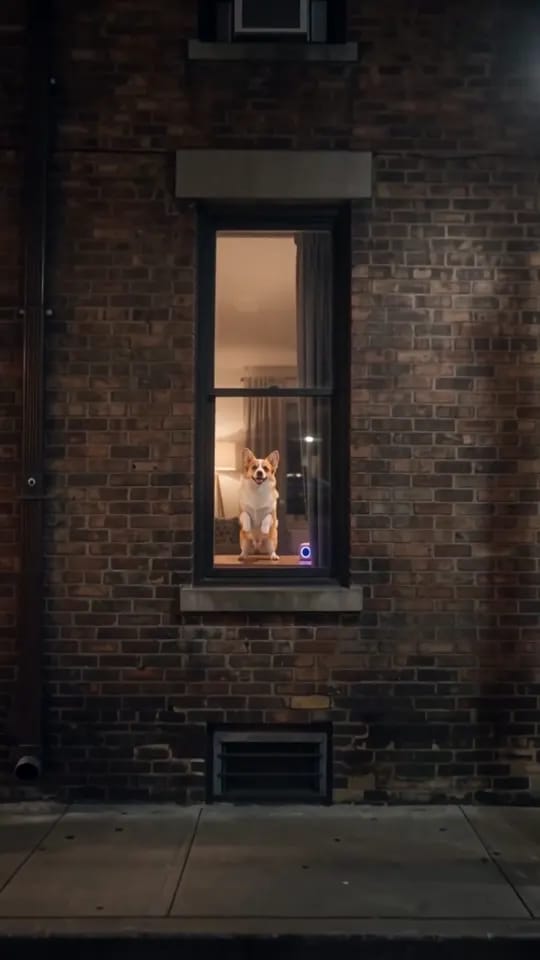 Vista nocturna de un edificio de ladrillo oscuro con una ventana iluminada y un corgi de pie sobre una mesa en su interior