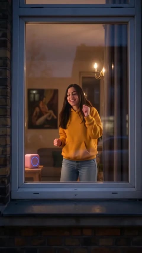 Una mujer con sudadera amarilla bailando contenta en la ventana