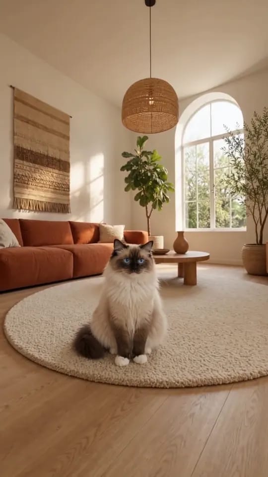 A Ragdoll cat sitting on the rug in the same living room, blue eyes on the camera