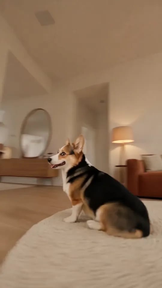 Behind the corgi, the camera shows its back and the other side of the room