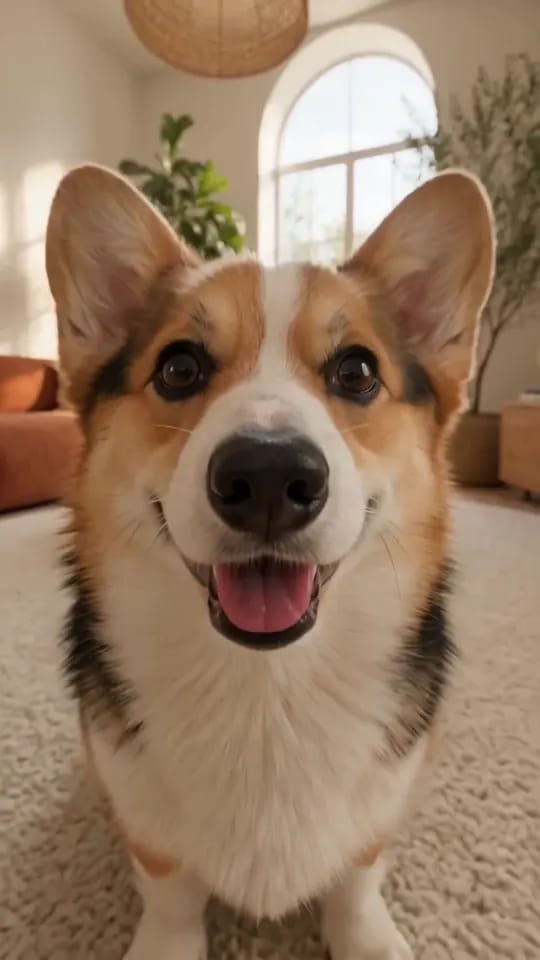 A tri-colour corgi's face fills the frame, mouth open in a grin