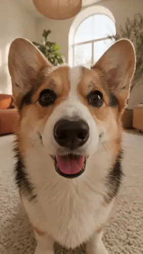 Animated orbit shot: from a close-up of the corgi's face, the camera pulls back, circles it once and pushes back in