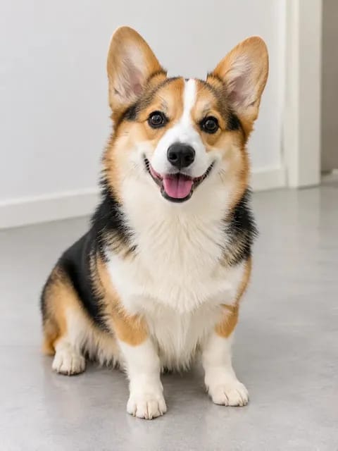 A tri-colour corgi sitting front-on on a light grey floor, whole body and face in view