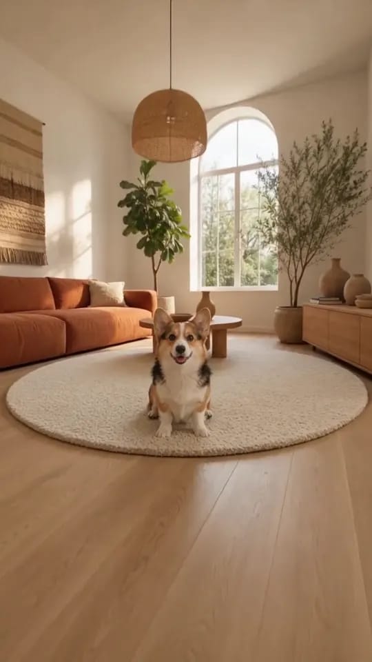 After the pull-back, the corgi sits on a round rug in the middle of a sunny living room