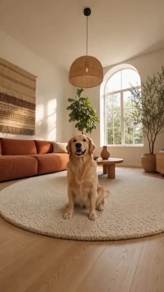 A golden retriever sitting on the rug in the same living room, looking at the camera