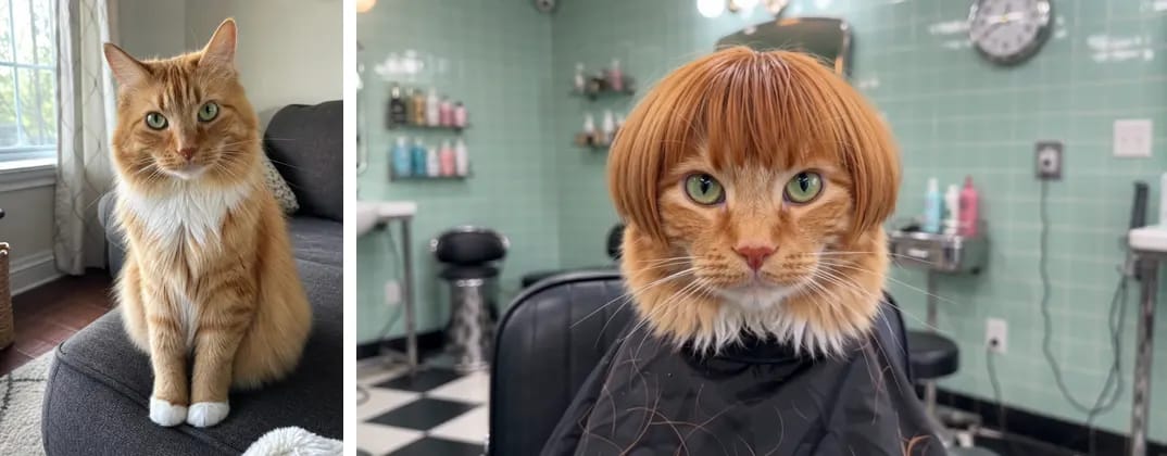 茶トラ猫の写真と、AIペット散髪動画の最後のフレームを並べたもの