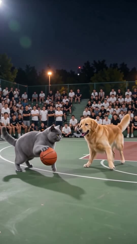 Un British Shorthair dribla con las patas delanteras mientras un golden retriever defiende