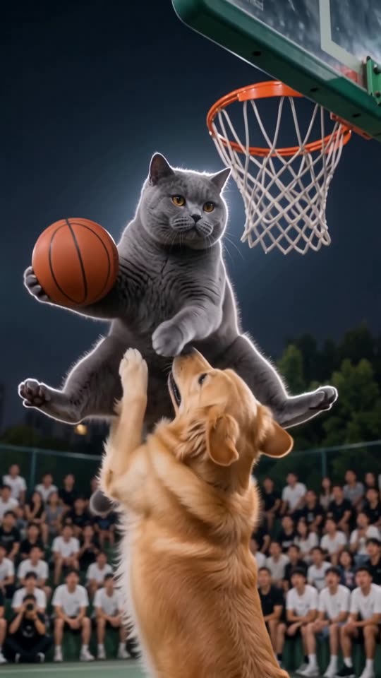 En cámara lenta, el gato azul sostiene el balón y vuela sobre el golden retriever