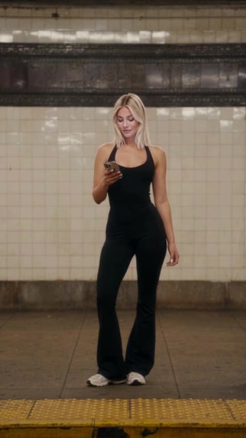 Una mujer en el andén del metro mirando su móvil frente a una pared de azulejos blancos