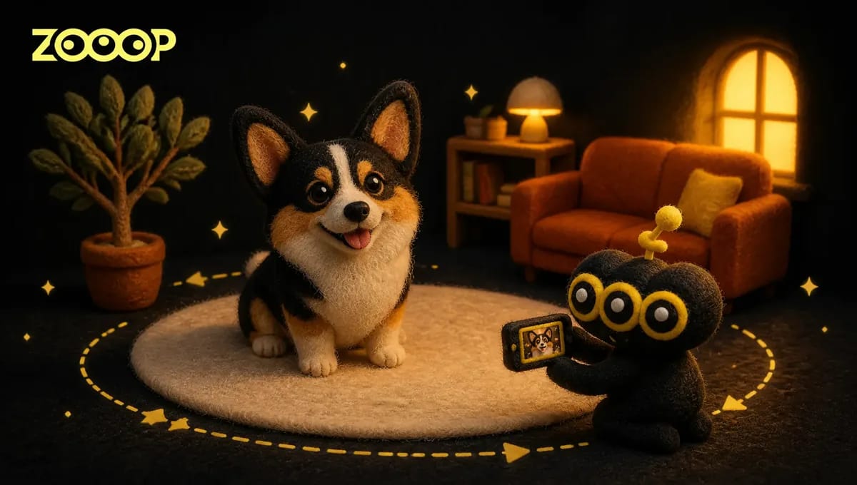 Come creare un video AI del cane: una ripresa orbitale a 360° a livello del pavimento da una sola foto